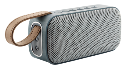 Portable bluetooth speaker with leather strap isolated on transparent background