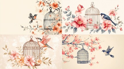 Four panels showcasing birds in floral cages.  Delicate watercolor-style illustrations of blossoming flowers, branches, and birds within ornate cages.  A pastel 
