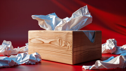 Wooden tissue box with crumpled papers symbolizing mistakes and corrections
