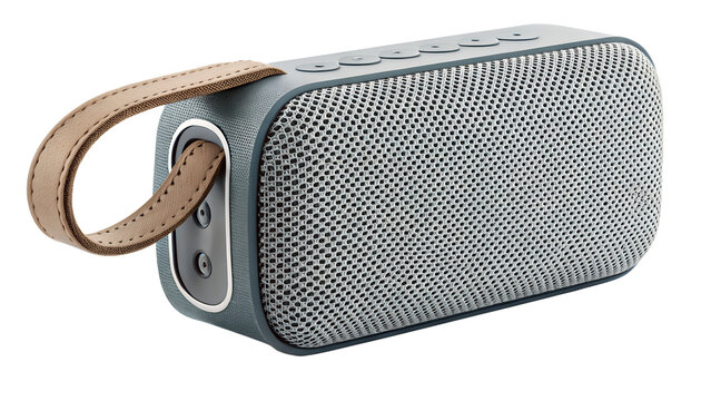 Portable bluetooth speaker with leather strap isolated on transparent background