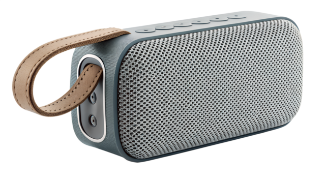 Portable bluetooth speaker with leather strap isolated on transparent background