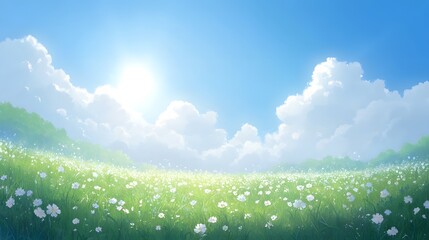 Serene Sunny Meadow with Blooming White Flowers