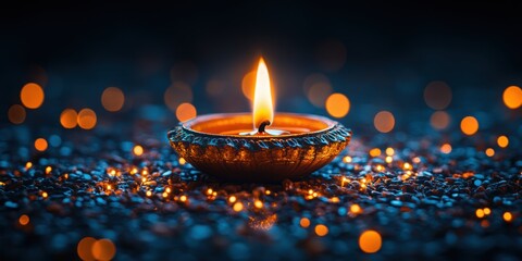 Burning Oil Lamp with Golden Light on Dark Background