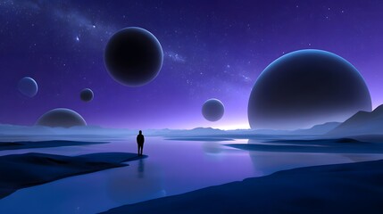 A surreal cosmic scene with a tranquil landscape and floating planets and stars, featuring the silhouette of a solitary figure contemplating the vastness of the universe
