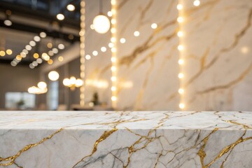 Fototapeta premium A large white wall with gold streaks and a large white vase on a table