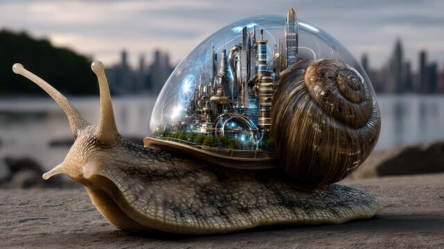 A fantastic snail with a shell containing a futuristic city with skyscrapers inside, with a lake and horizon in the background