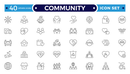 Community Outline icon set. Containing people, friendship, social, diversity, village, relationships, support and community development icons. People, social, group. Editable stroke outline icon.
