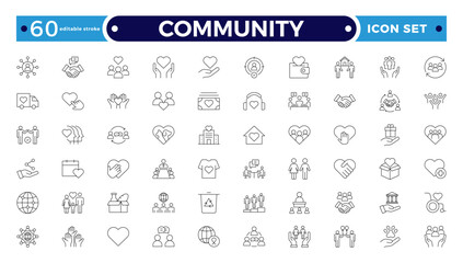 Community Outline icon set. Containing people, friendship, social, diversity, village, relationships, support and community development icons. People, social, group. Editable stroke outline icon.
