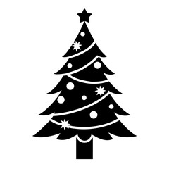 Fototapeta premium Festive pine tree silhouette decorated with ornaments and star. Christmas tree icon with simple design perfect for winter holidays.