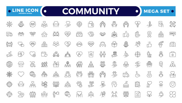 Community Outline icon set. Containing people, friendship, social, diversity, village, relationships, support and community development icons. People, social, group. Editable stroke outline icon.
