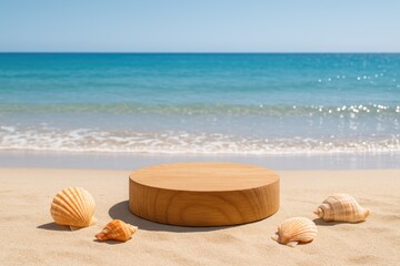 Wooden display stand on sandy beach seashells summer