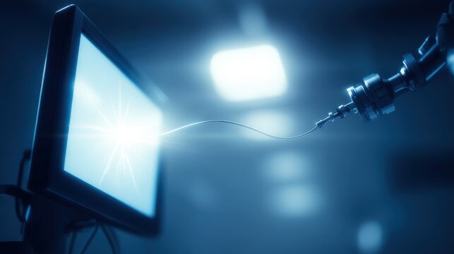 Sleek metallic robotic arm extends towards bright white monitor with starburst effect in dim blue-toned high-tech environment, connected by thin flexible cable.