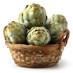 Obraz premium Fresh Artichokes in Rustic Brown Wicker Basket Isolated on White Background Healthy Food Concept