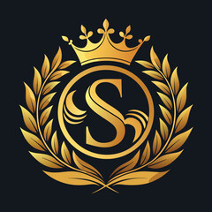 Elegant golden letter S logo with crown and laurel design for luxury branding and royalty
