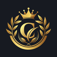 Elegant golden letter C logo with crown and laurel design for luxury branding and royalty
