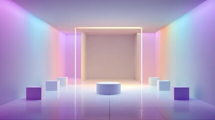 Pastel Rainbow Room with Minimalist White Platforms Ideal for Product Displays or Abstract Backgrounds