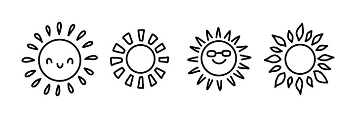 Set of cute black and white sun doodles. Hand-drawn cartoon sun icons with different faces and styles, perfect for coloring pages, kids books, stickers, or summer-themed graphic design projects.