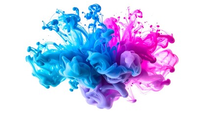 Single drop of magenta and cyan ink blooming in water, forming an elegant organic shape on a white background. High-speed capture with space for text.