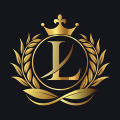 Elegant golden letter L logo with crown and laurel design for luxury branding and royalty

