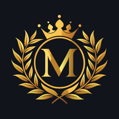 Elegant golden letter M logo with crown and laurel design for luxury branding and royalty
