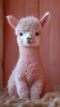 Adorable pink alpaca cria sitting on straw against a pink background.
