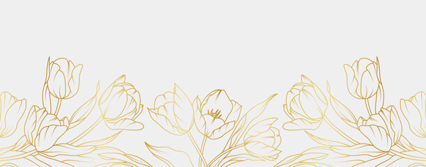 Luxury gold tulip flowers background. Floral pattern tropical in line art style for greeting, invitation, wedding card, wall art, wallpaper and print. Vector illustration
