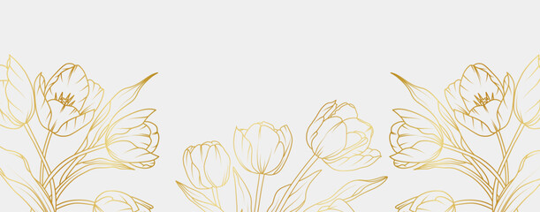 Luxury gold tulip flowers background. Floral pattern tropical in line art style for greeting, invitation, wedding card, wall art, wallpaper and print. Vector illustration