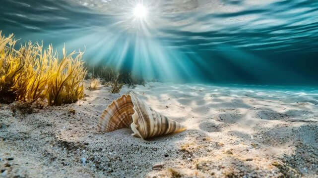 A shell lies on the sandy ocean floor amid seaweed while sunlight filters through the water above, creating a serene atmosphere