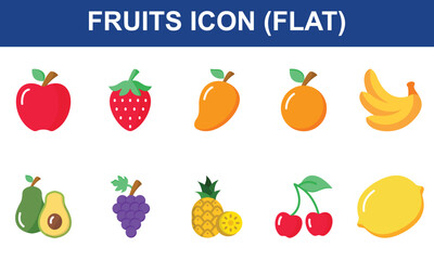 Fruits Icon Set Collection. Containing Apple, Strawberry, Mango, Orange, Banana, Avocado, Grape, Pineapple, cherry, Lemon. Simple FLat Vector Illustration.