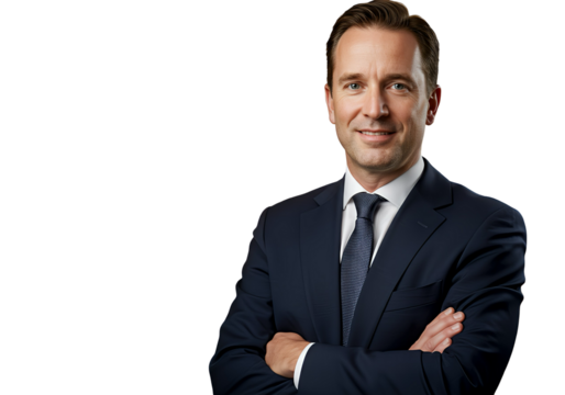 A businessman with arms crossed and a proud smile, isolated  - Powered by Adobe