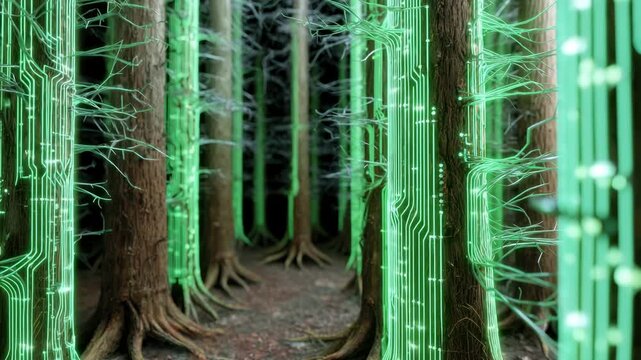 A digital forest with trees covered in glowing green circuits creating a futuristic atmosphere