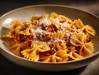 Bowl of farfalle pasta with tomato sauce and grated parmesan cheese on a rustic ceramic plate

