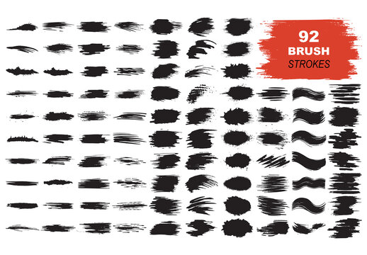 Vector collection of black watercolor brush strokes and splatters isolated on white background.