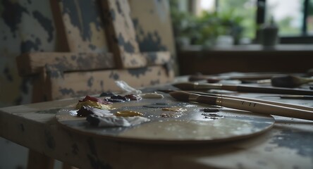 Naklejka premium Artist's Palette with Painting Supplies on Wooden Table