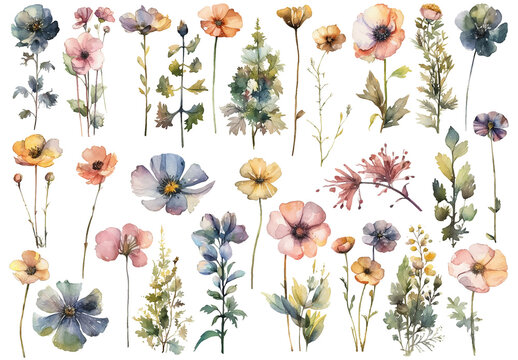 Vector watercolor painted style - flowers clipart isolated on white background.
