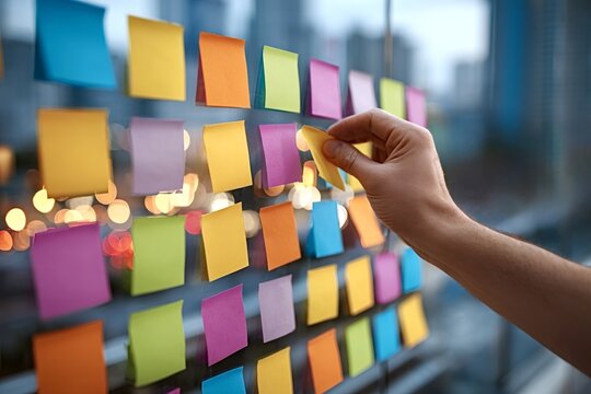 Businessman placing colorful adhesive notes on a glass wall in an office, organizing tasks, planning projects, and brainstorming innovative ideas for effective teamwork and collaboration