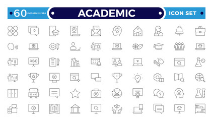 Academic Outline icons of education, studying and science. Includes human brain, fields of study, graduation, school, university and knowledge. Designed for web, mobile. Editable stroke outline icon.