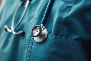 Close-up of a stethoscope hanging on a teal medical scrub pocket, symbolizing healthcare and medical professionals.