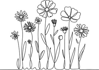 single one line wildflowers silhouette on white background