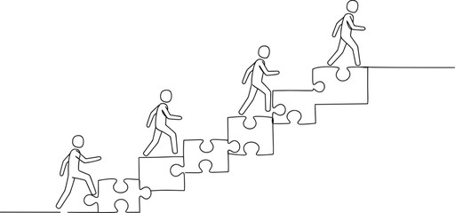 Business growth concept, people climbing stairs, teamwork development symbol, success steps with puzzle pieces, professional progress metaphor, line art strategy illustration,