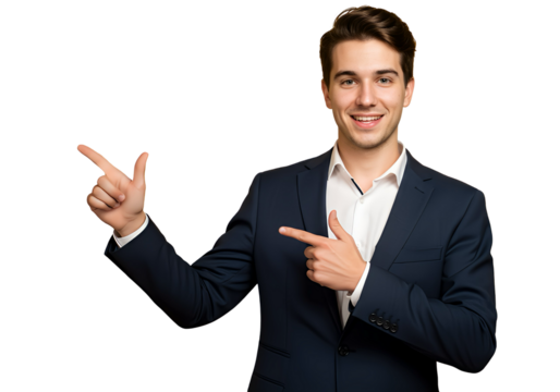 A businessman pointing at a blank space for copy, isolated  - Powered by Adobe