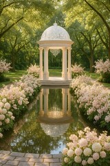 Elegant White Gazebo in a Serene Garden Setting with Reflective Pond and Blooming Flowers. Gazebo in the garden