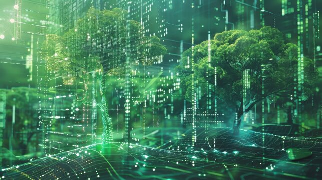 A conceptual artwork depicting a green data ecosystem with digital trees and interactive energy nodes, powered by renewable energy sources like solar and kinetic energy
