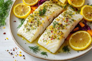Poached Cod Fillets with Fresh Dill, Lemon Slices, and Pepper Flakes Served on White Plate