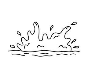 Splash of water with splatters, waves and drops isolated on a white background. Vector hand-drawn illustration in doodle style. Perfect for decorations, logo, various designs.
