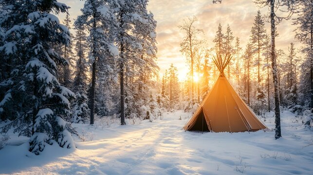 Sami tent (lavvu) in winter forest landscape