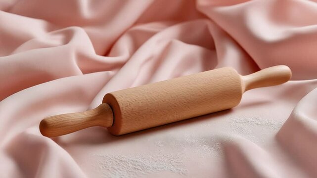 A rustic wooden rolling pin rests on a flour-dusted coral quilt, perfect for baking-themed visuals.