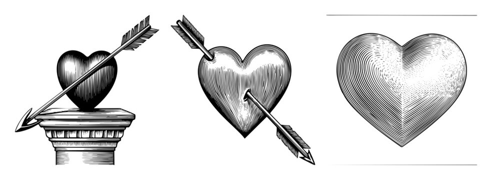 Vector Three pierced hearts with arrows in vintage engraving style.