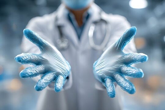 Doctor wearing blue nitrile gloves and face mask extending hands towards viewer in medical environment, conveying sense of care and protection