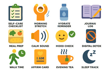 Self-care icons: checklist, stretch, hydration, journal, meal prep, mood, digital detox, walk, affirmations, tea, sleep